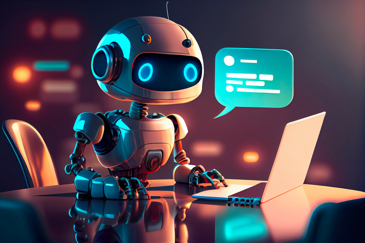 Robot qui représente un chatbot en train de chater avec un client